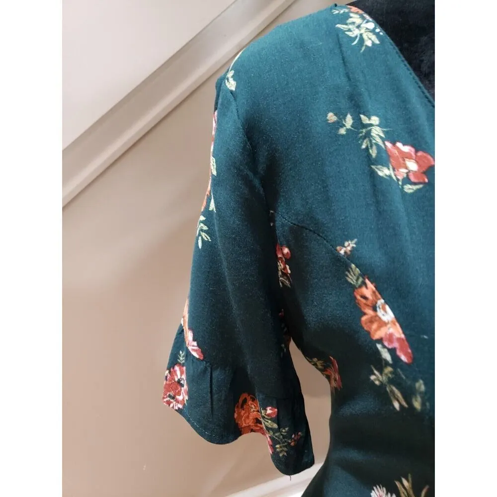 Wild Fable Womens Green Floral V Neck Short Sleeve Button Front Bodycon Dress S - Image 3
