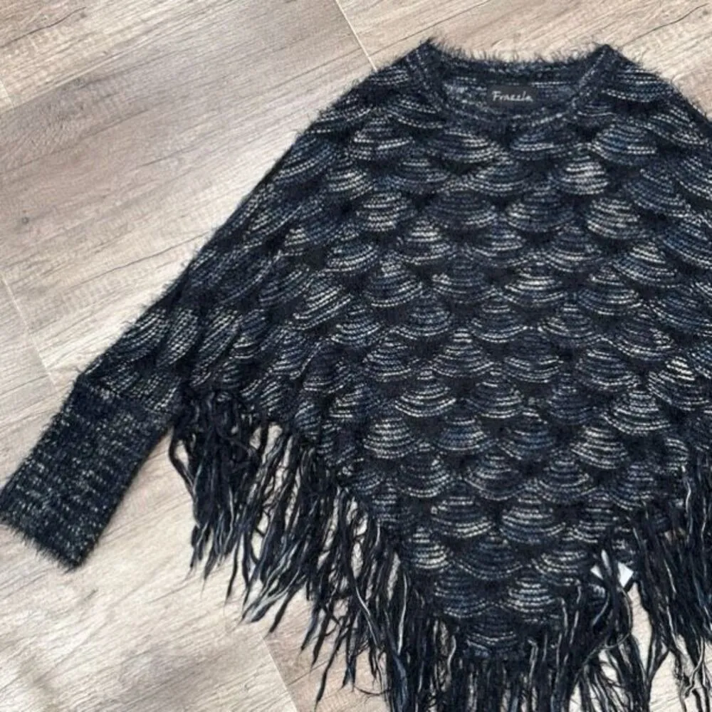 Frazzle Women's Eyelash Knit With Sleeve Fringe Poncho Sweater Black Blue Medium - Image 11
