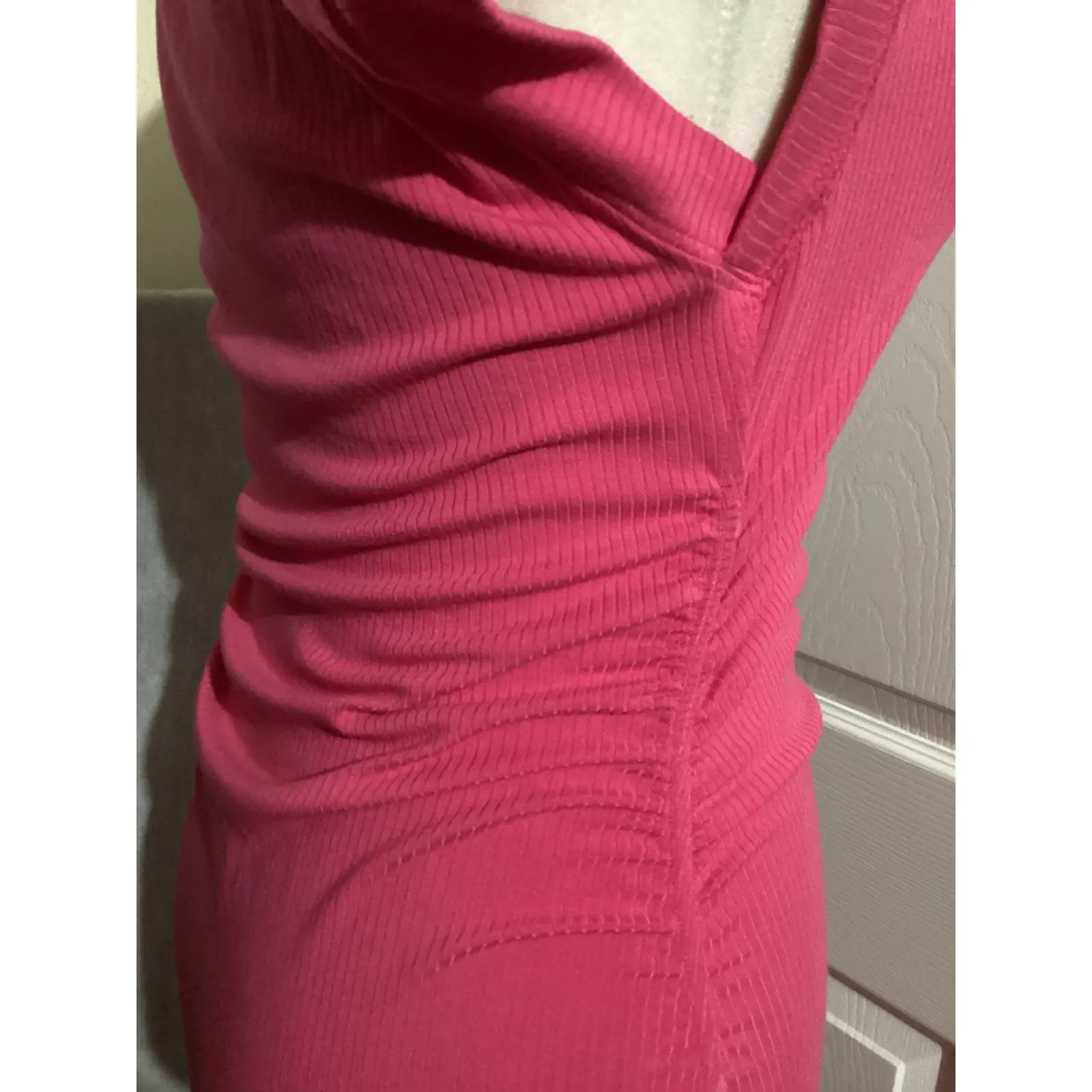 Daily Practice Ribbed Ruched V Neck Midi Dress Hot Pink XSP Size undefined - Image 4