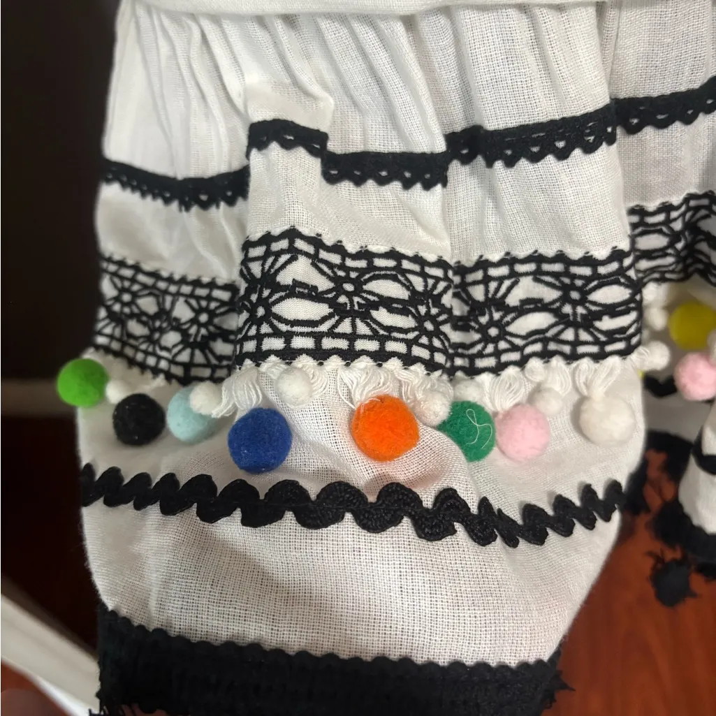 DODO BAR OR Delilah White and Black Embroidered Romper with Colorful Pom Pom - Image 5