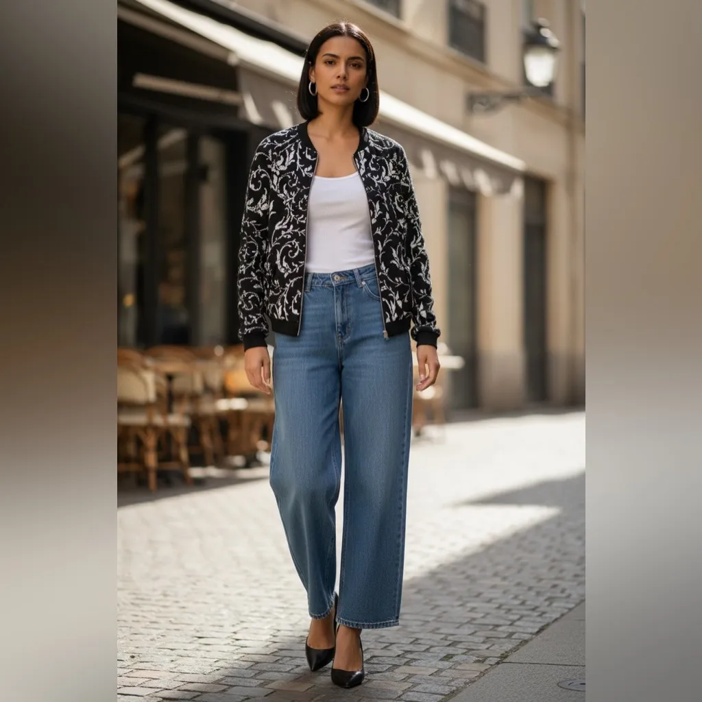 Erin London Black and White Bomber Jacket Full Zip Medium - Image 2