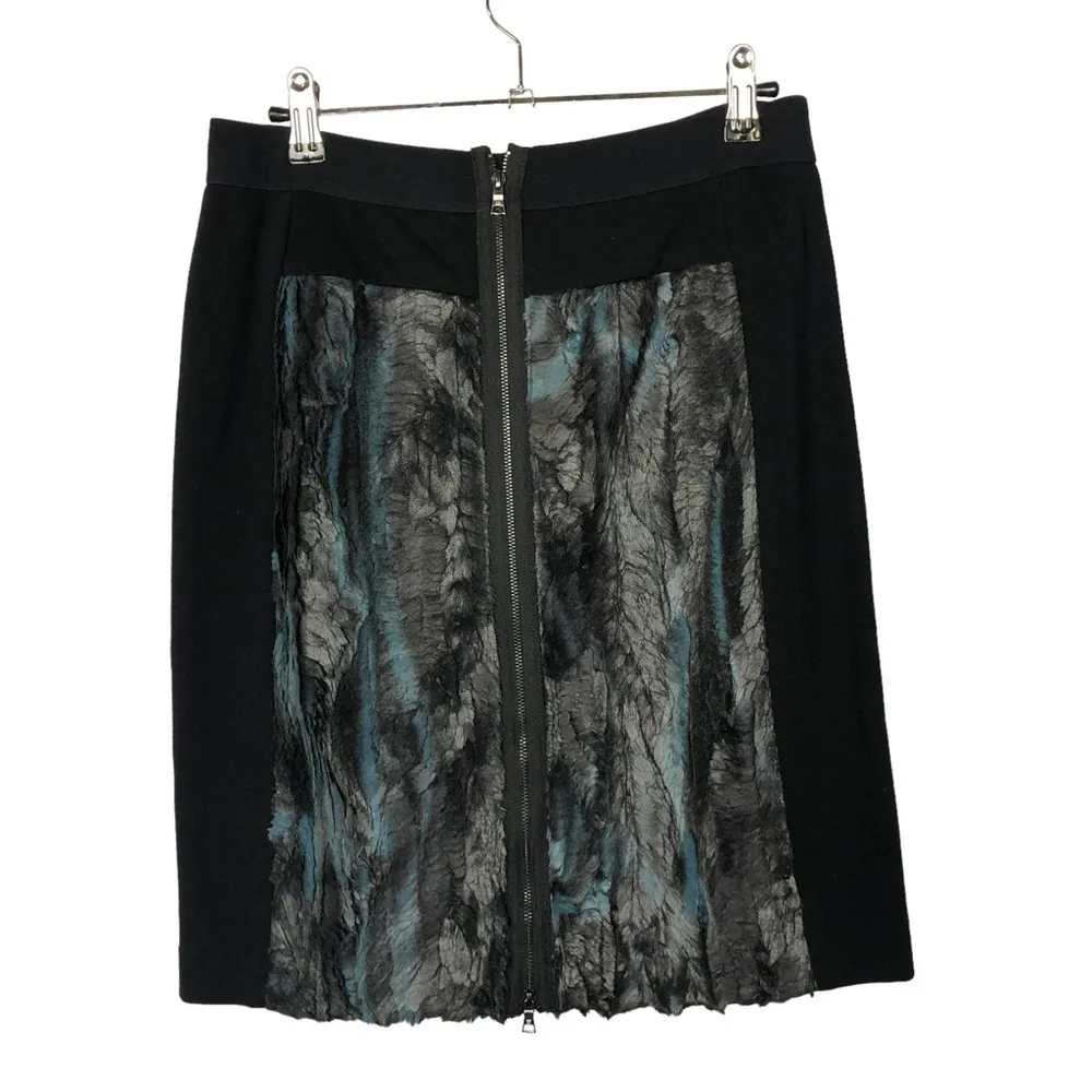 BCBGMaxAzria Ines Black & Teal Faux Fur Back Zip Pencil Skirt S - Image 3