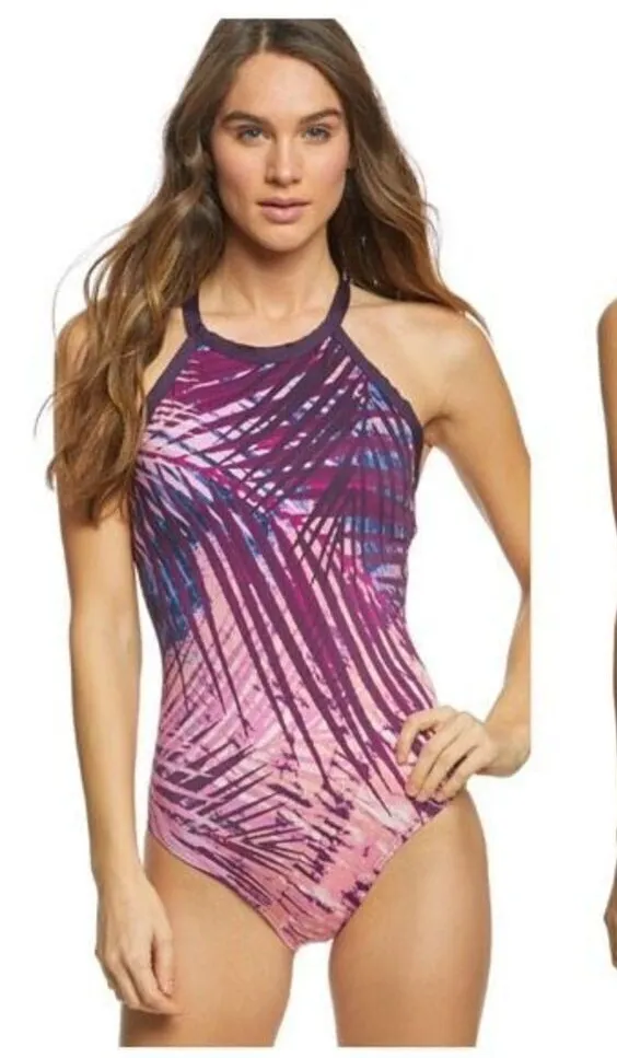 Carmen Marc Valvo Women's Tropical Palm Halter Open Back Swimsuit Purple Size 4 - Image 1