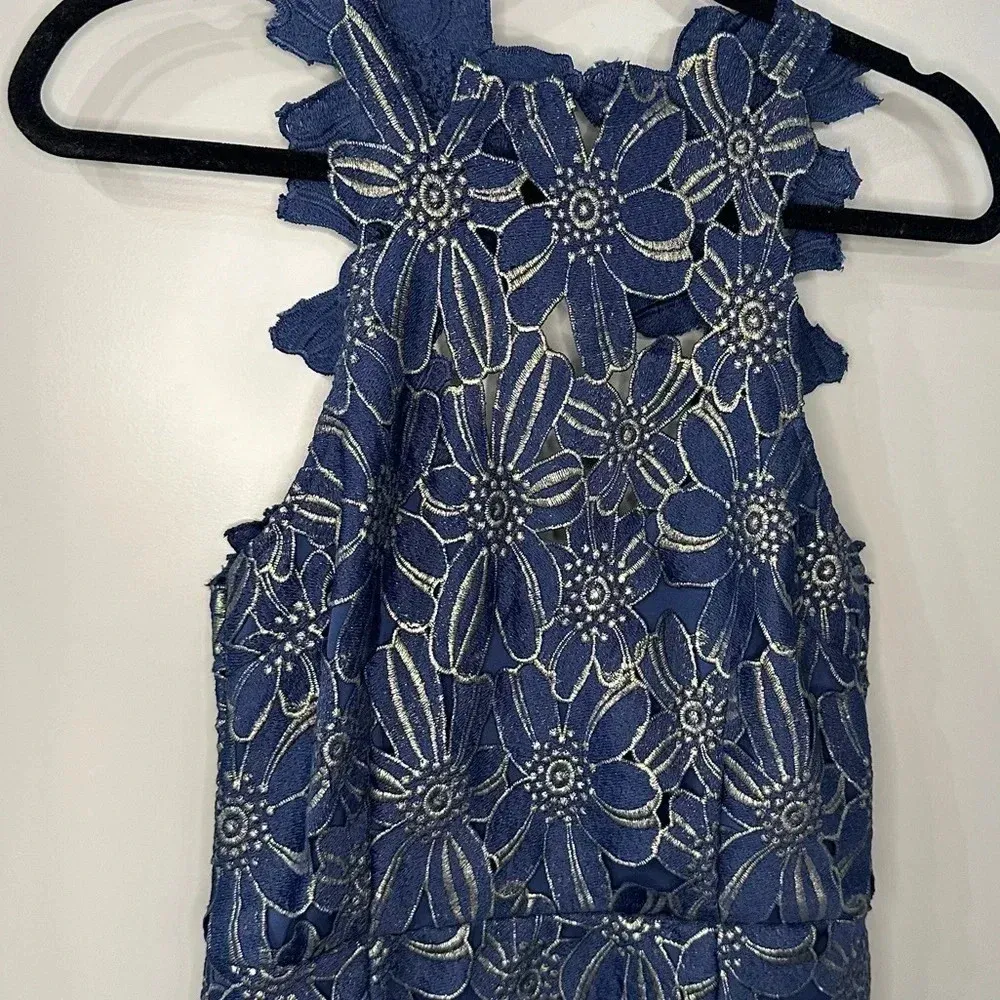 SAYLOR Revolve Dress Navy Blue Gold Floral Lace High Neck Mini Dress Sz M - Image 8