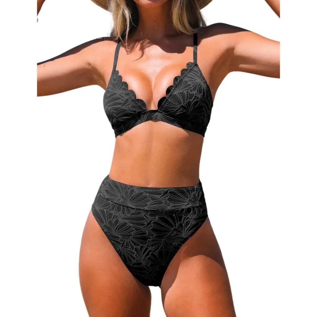 Cupshe Floral Scalloped Top Bikini Set High Waist Bottoms Womens Size Large‎ NEW - Image 2
