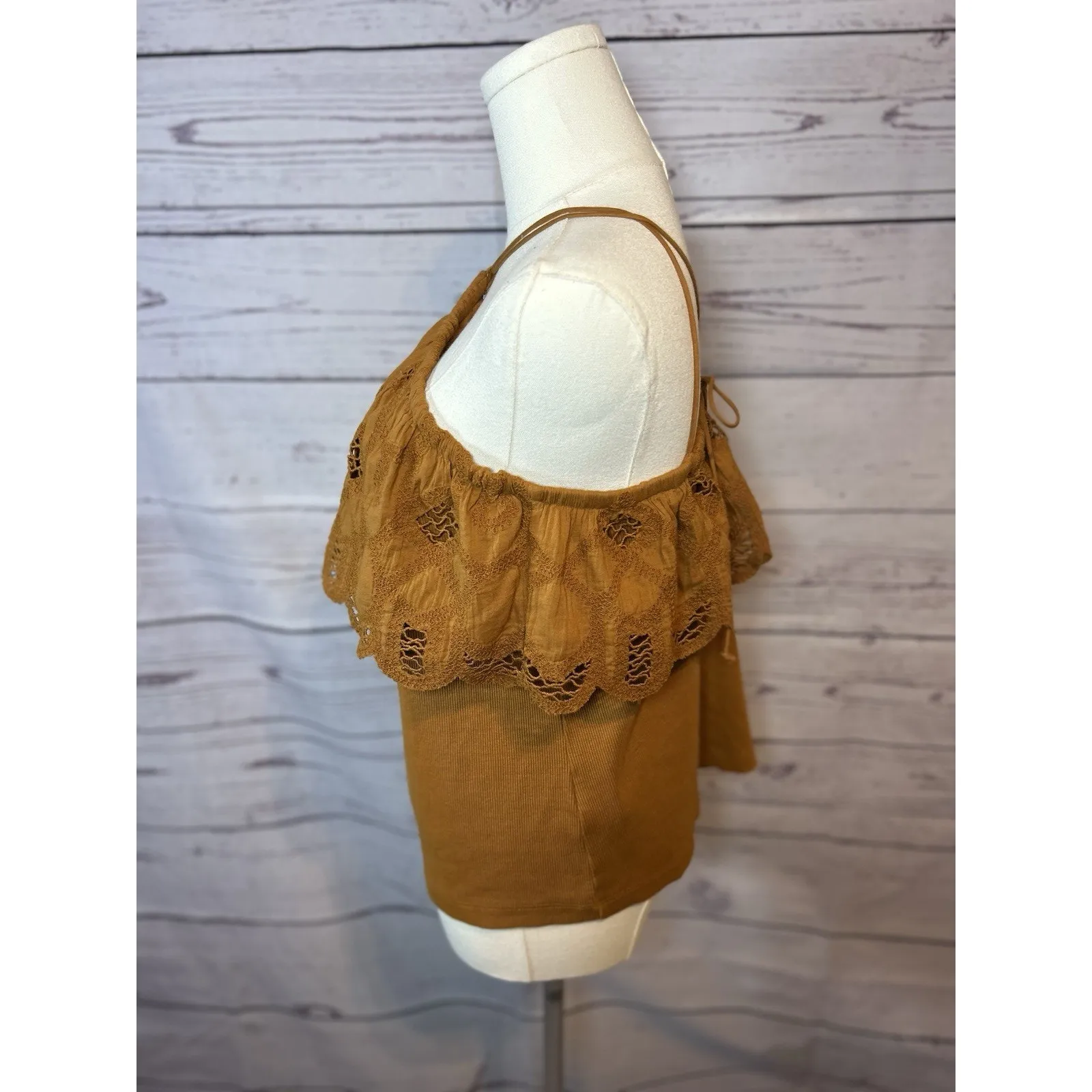 Anthropologie Honey Ruffled Halter Tank Top XL Cotton Spandex Yellow - Image 2