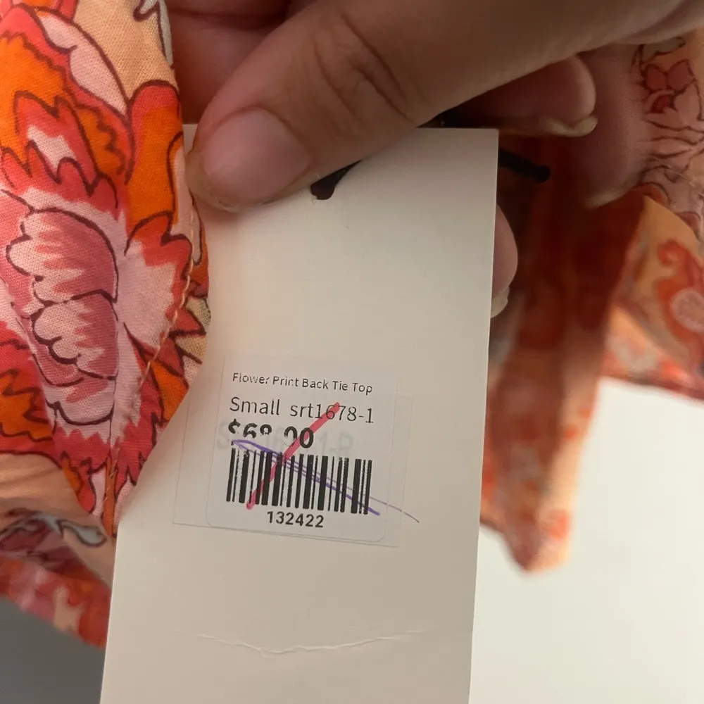 New THML floral puff sleeve pink orange peplum back tietop size small - Image 5