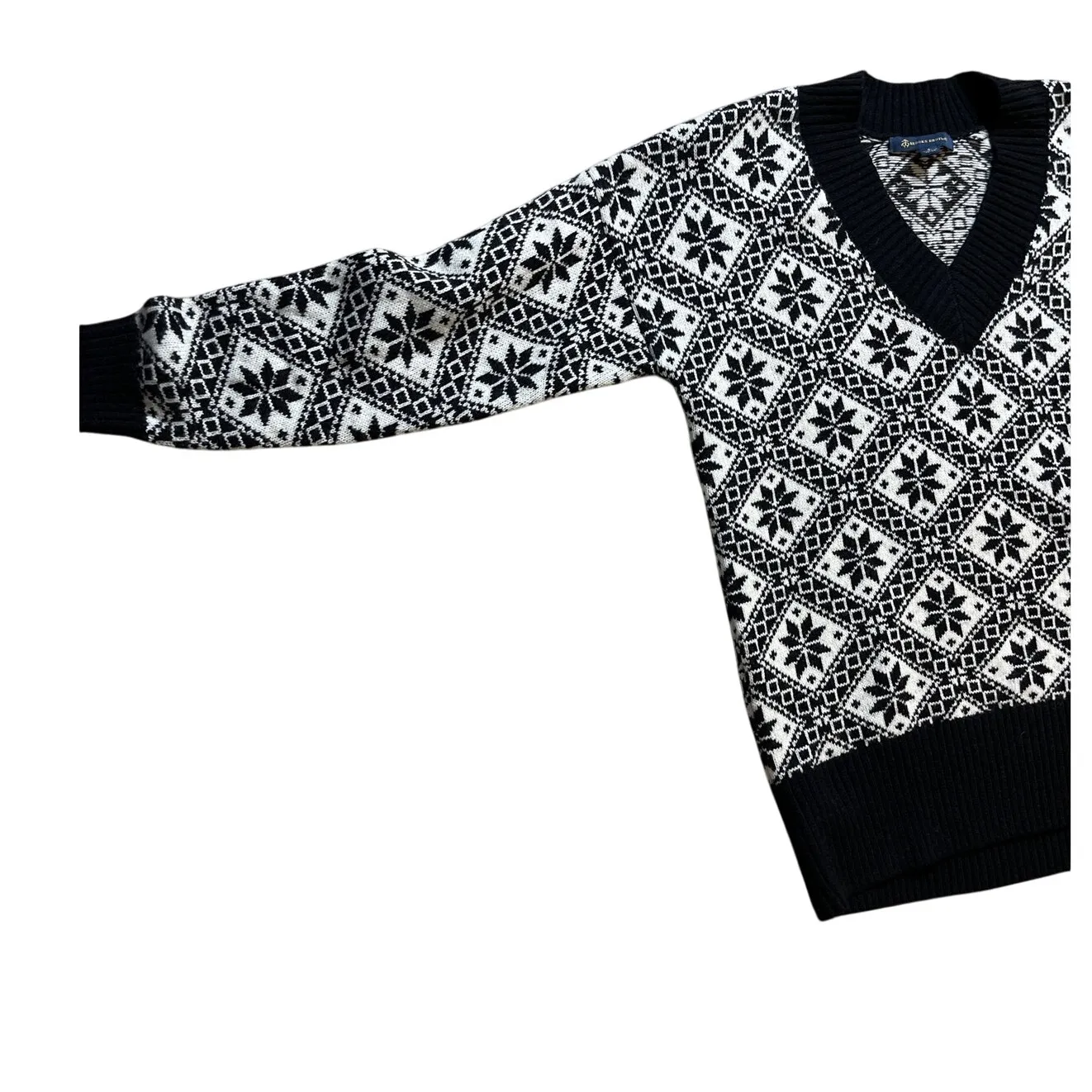 Brooks Brothers Wool Blend Black & White Snowflake V-Neck Sweater Size Small - Image 7