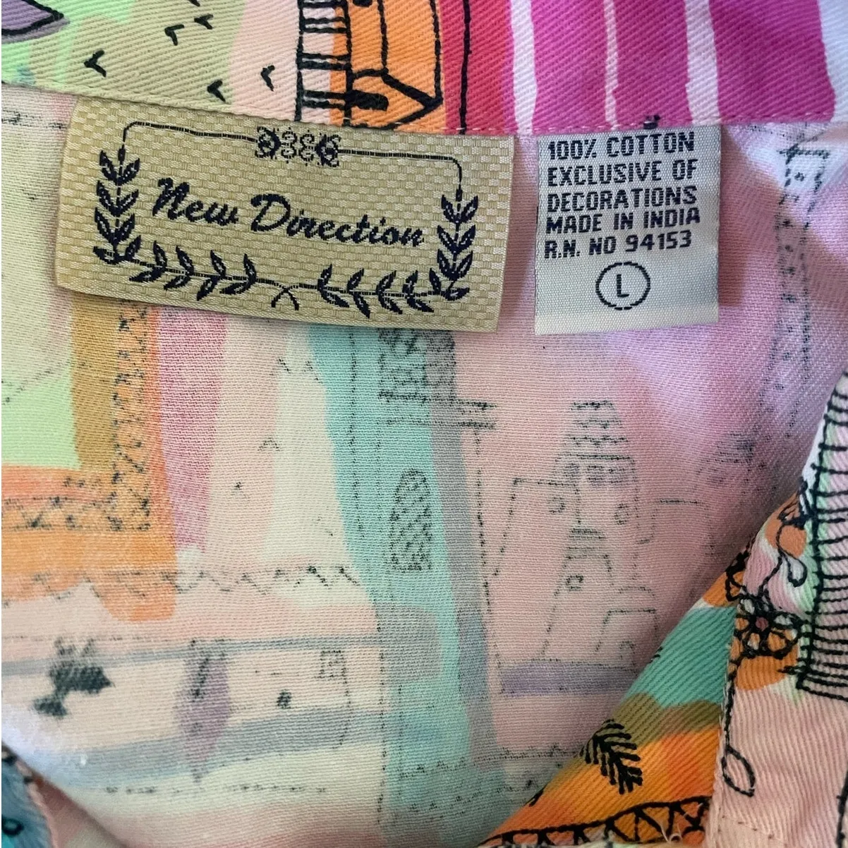 New Direction Women Cotton Top‎ L Multicolor Artsy Novelty Travel Print Jacket - Image 2