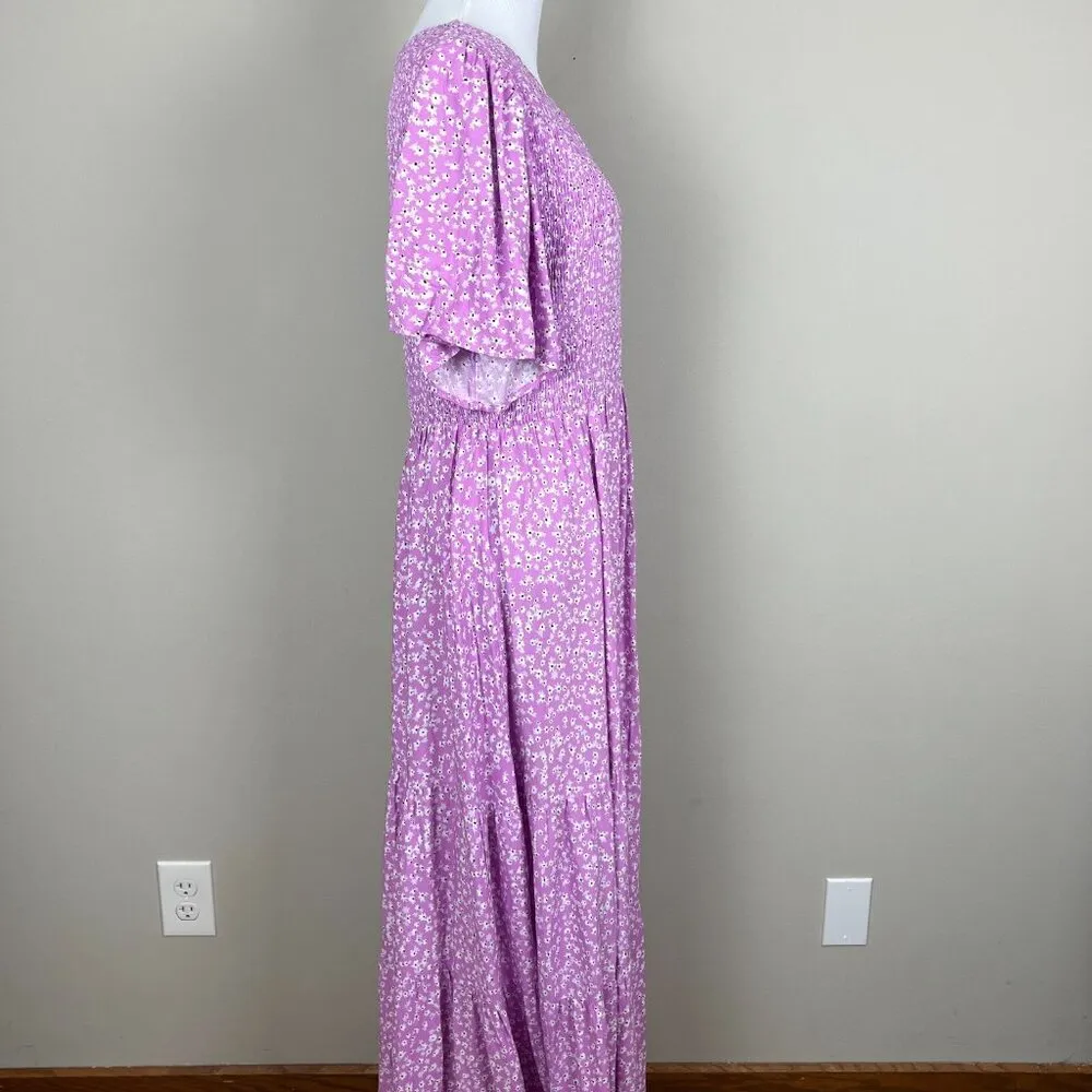 Zesica Dress Women Large Purple Ditsy Floral Tiered Smocked Short Flutter Sleeve - Image 8
