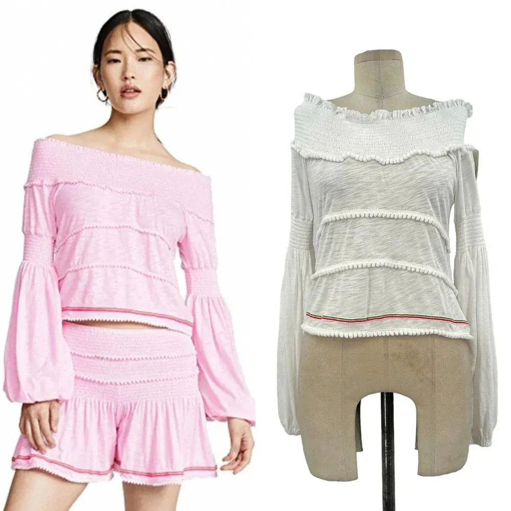 PITUSA Agata Smocked Crop Top In White‎ Long Sleeves Size Petite / XS White - Image 2