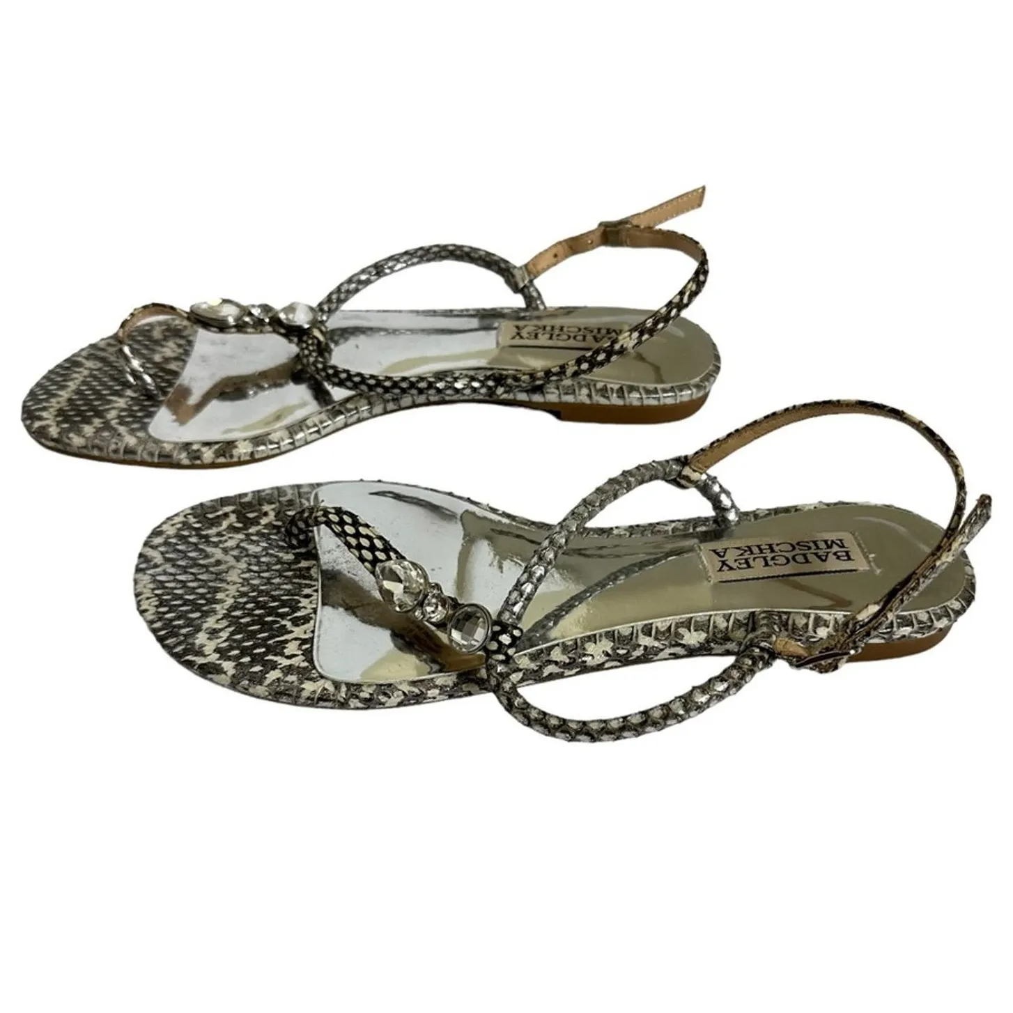Badgley Mischka  Snakeskin Jeweled Flat Sandals - Image 2