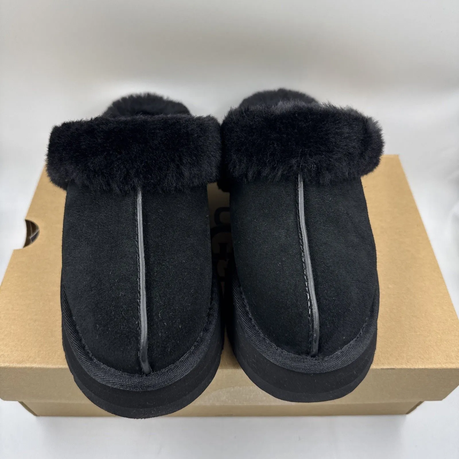 UGG Disquette Black Suede Fur Cuff Slide Platform Slipper Shoes Size 7 Women New - Image 3