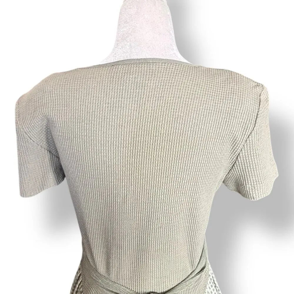 Vintage 90s Pastel Sage Green Gingham Maxi Dress Waffle Knit Bodice Button Front Size M - Image 5