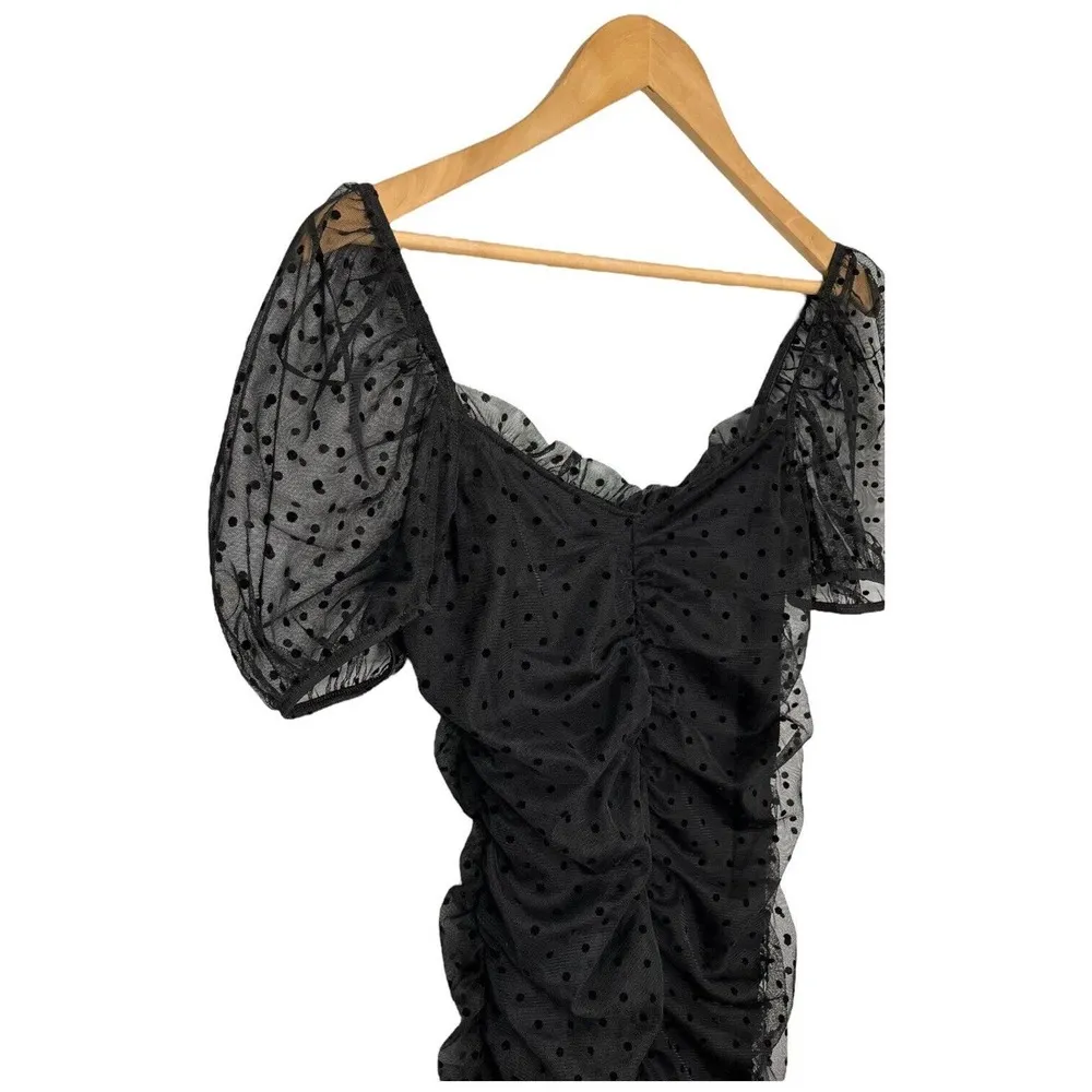 Divided H & M Ruched Gathered Polka Dot Mesh Party Cocktail Dress Black M - Image 4