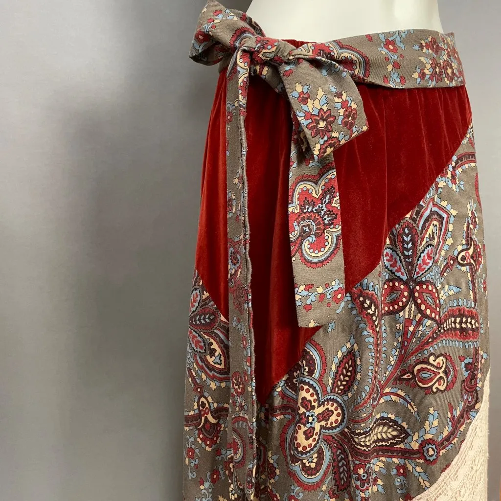 Vintage 70s Chessa Davis Patchwork Skirt Brown Lace Velvet Maxi Belt Hippie Boho - Image 6