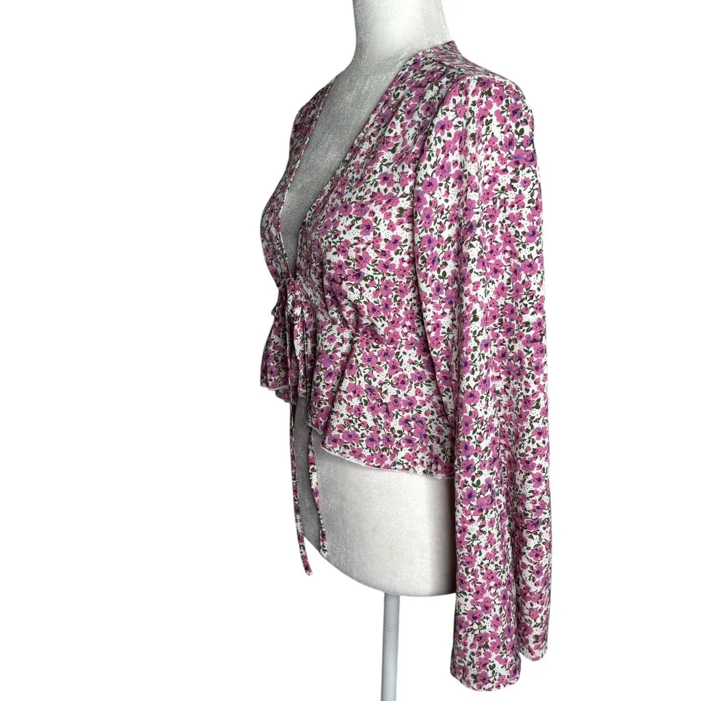 Floral Long Bell Sleeve Tie Front Peplum Blouse Medium Pink White Deep V Neck - Image 3