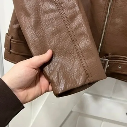 Old Navy Womens Motto Jacket Large NWT Brown Faux Leather Zip Trucker Belt Biker - Image 5