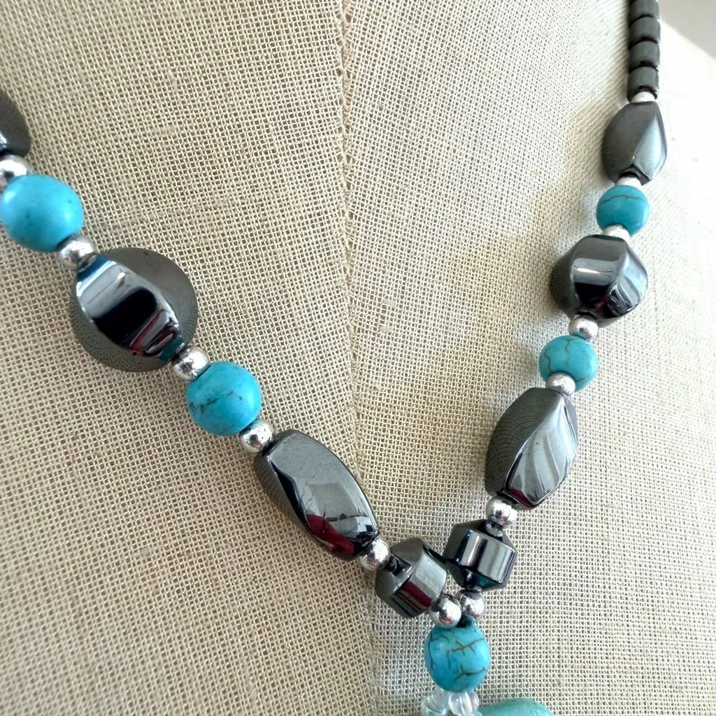 Boho Turquoise Stone Pendant Necklace w/ Hematite Beads Blue - Image 7
