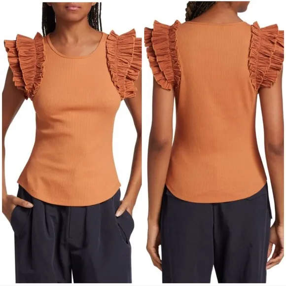 Ulla Johnson Lilo Ruffle-Shoulder Knit Top in Chestnut - Image 2