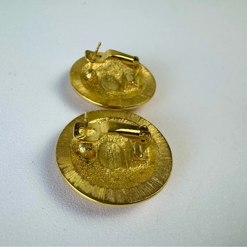 Vintage Givenchy 1980s Red Enamel Gold Tone Round Pierced Earrings Signed Rare - Image 6