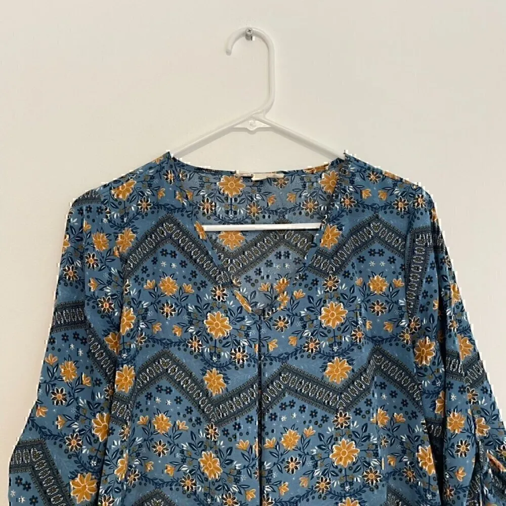 PINK ROSE Blue Mustard Navy Floral Chevron 3/4 Sleeve Roll Tab Sleeve Blouse Top - Image 2