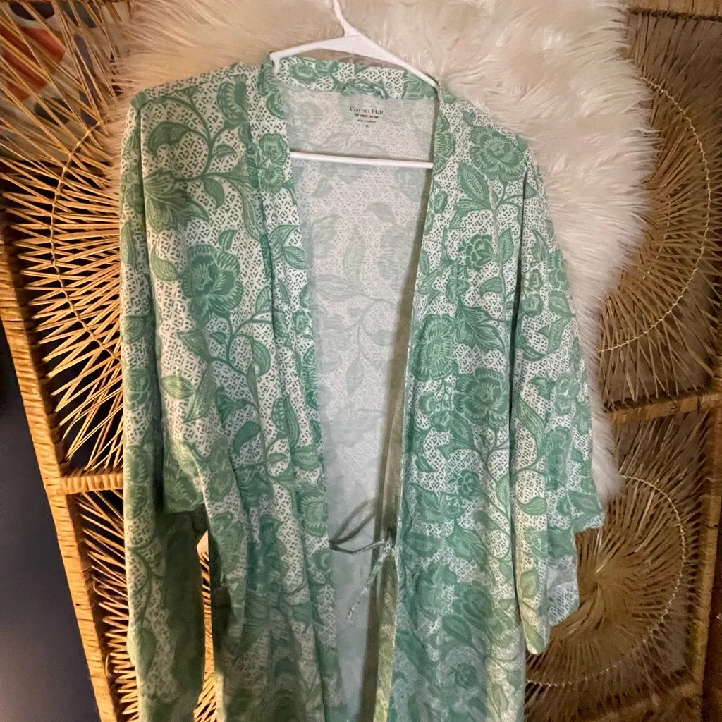 Garnet Hill Womens Asian Wrap Organic Cotton Robe Green Floral Cottagecore M - Image 8