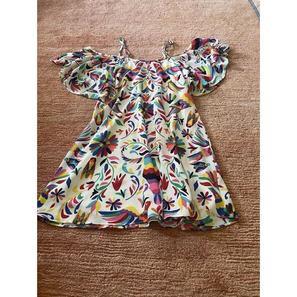 Judith March Colorful Bird Print Dress Tropical Mini Open Shoulder Lined Size S - Image 8