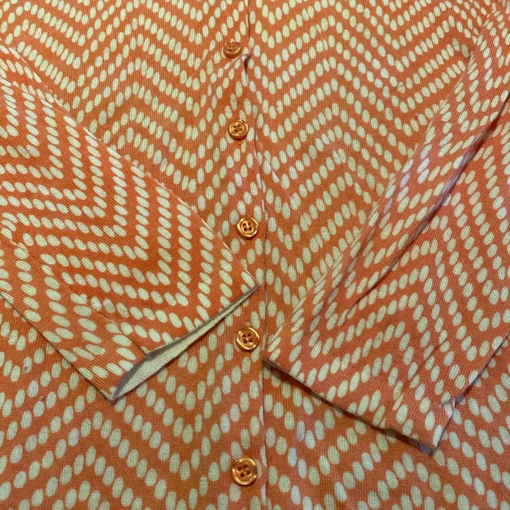 Garnet Hill Merino Wool Cardigan Geometric Stripe Dot Salmon Pink 3/4 Sleeve M - Image 5