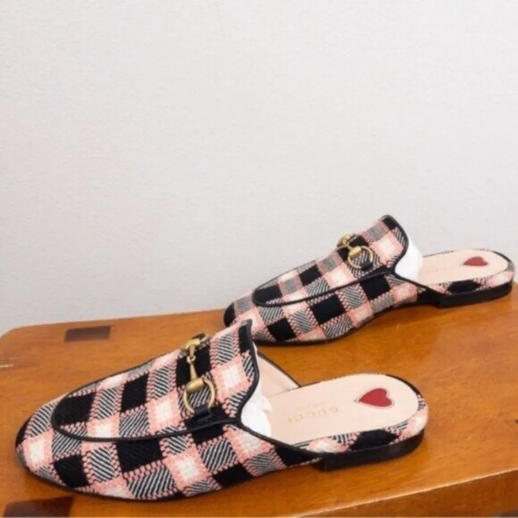 NIB Gucci Princetown Bit Logo Loafer 36 Fancy Tweed Damier Black Pink Mule 6 - Image 5