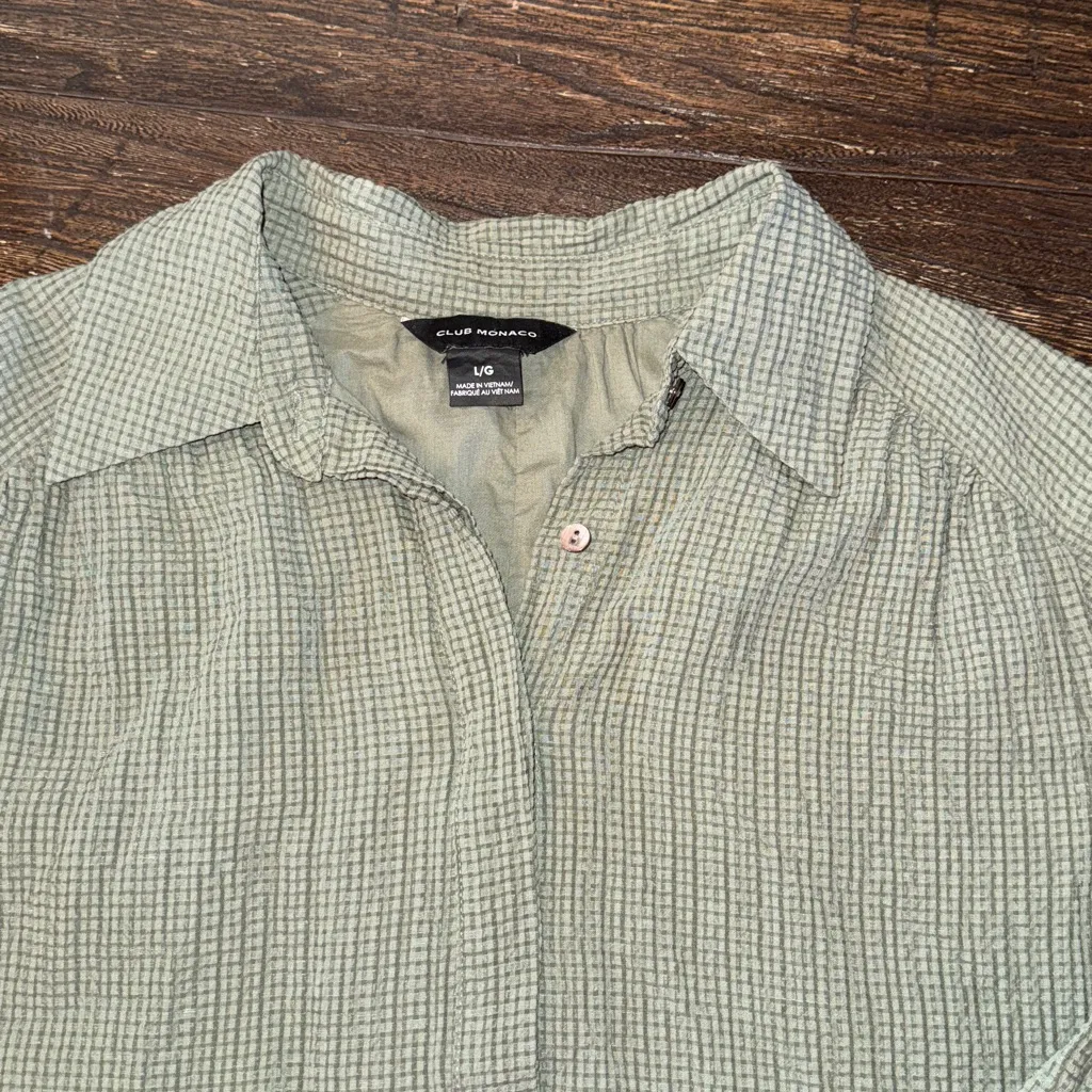 Club Monaco Puff Sleeve Linen Blend Mini Shirt Dress Seaspray Sage Size Large - Image 7