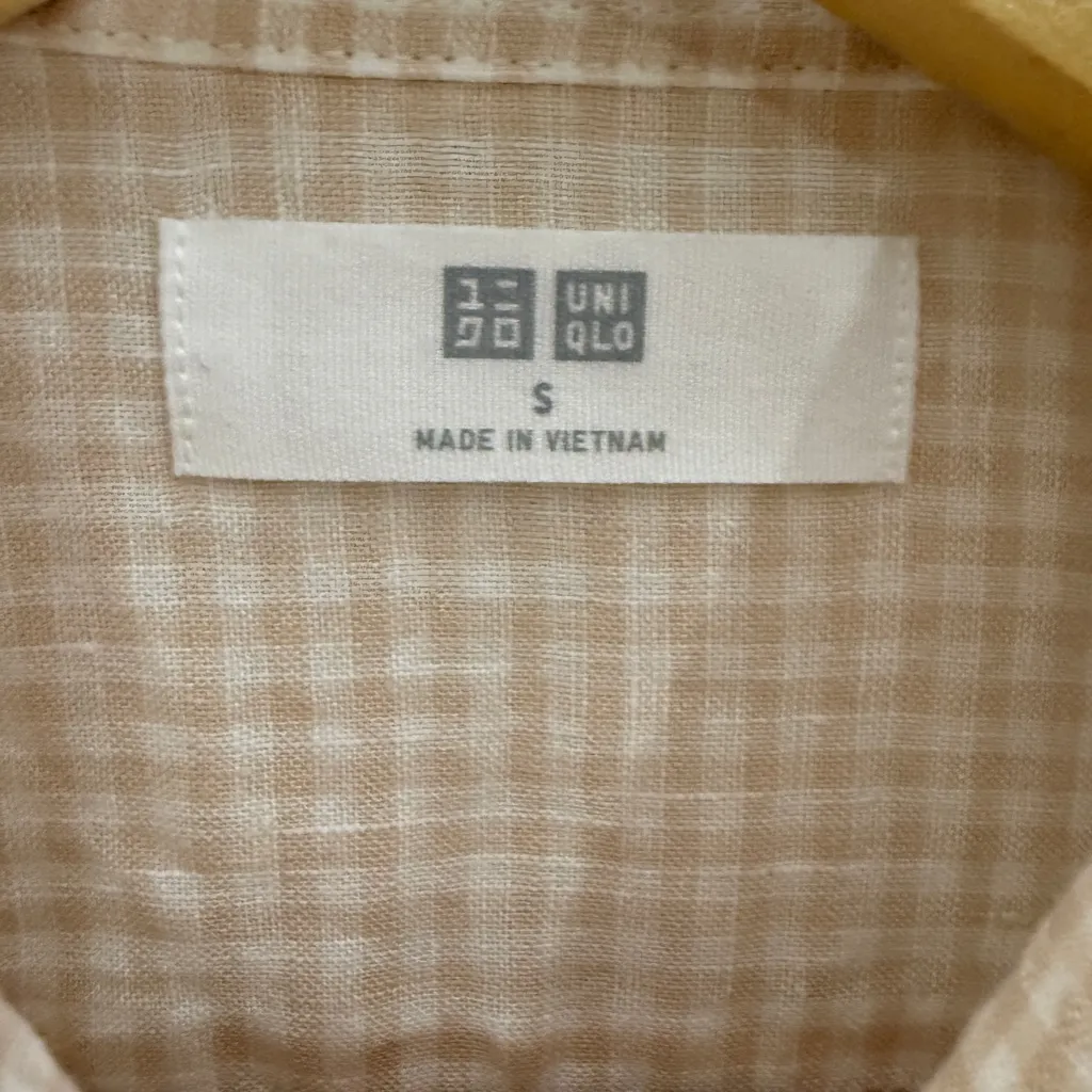 uniqlo Beige Yellow Gingham Check Collar Button Down Linen Shirt Small - Image 3