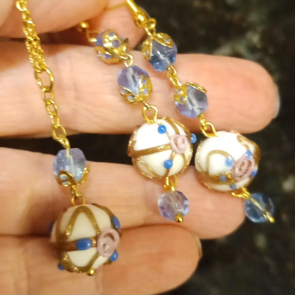 Wedding cake Earrings and necklace set lamp work Handmade glass Blue - Image 2