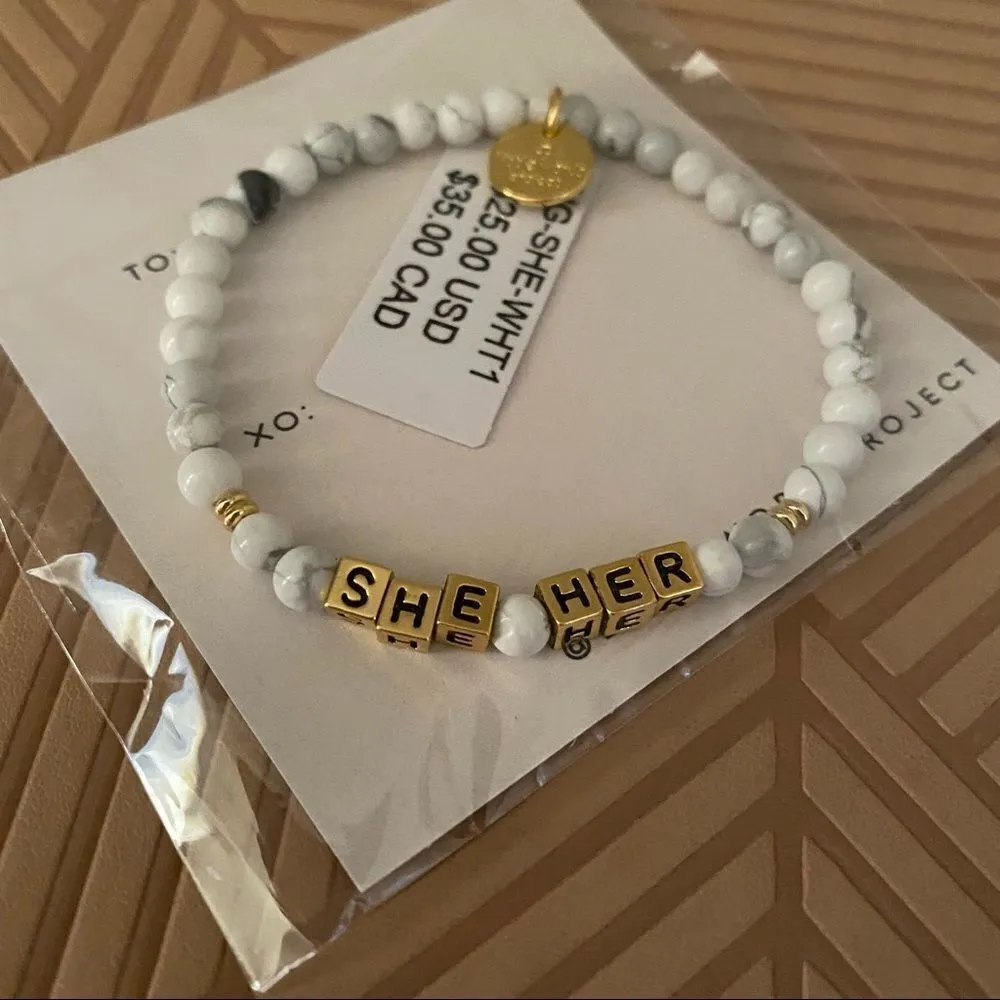 Little Words Project Bracelet She Her Stretch Beaded Gold Marble Neutral Casual - Image 3
