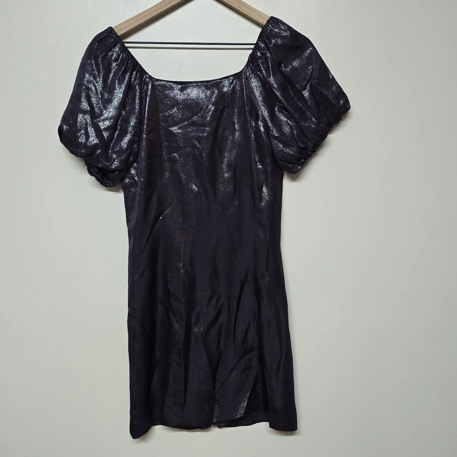 PatBO Purple‎ Metallic Ruched Mini Dress Size 2 Shimmer Puff Sleeve Whimsy Goth Purple - Image 5