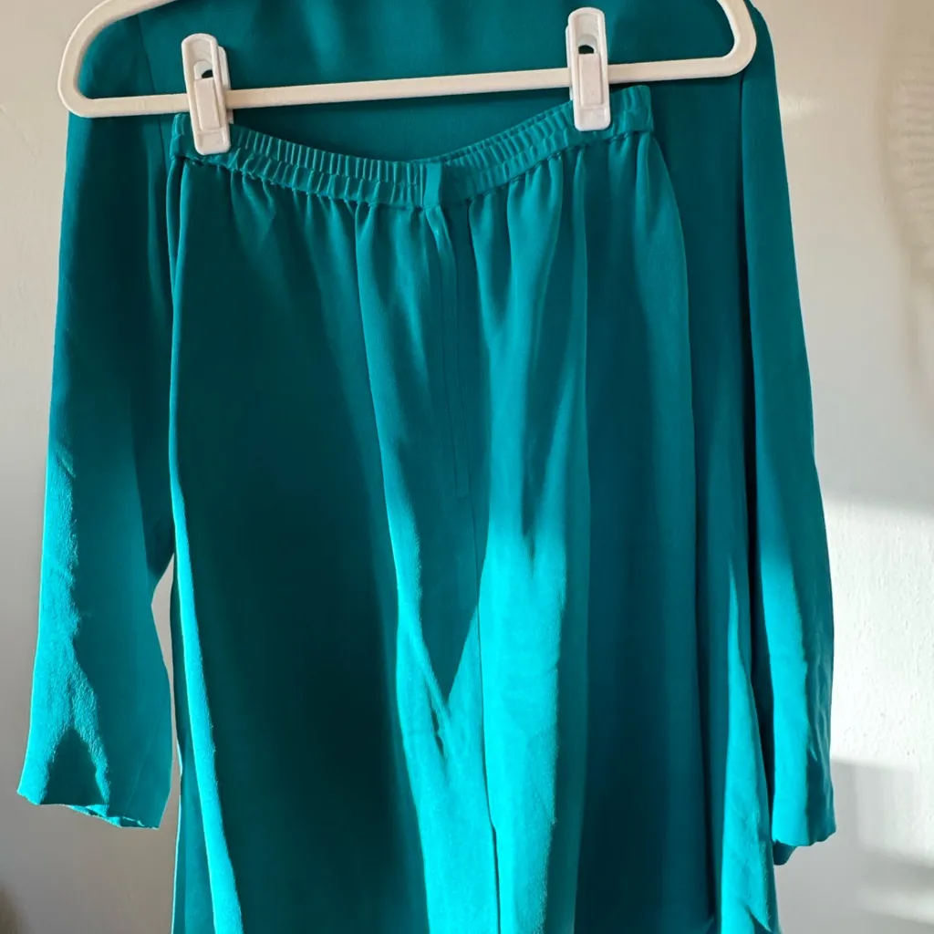 Vintage Talbots Teal Button-Down Shirt & Skirt Matching Set 100% Silk-8 - Image 8