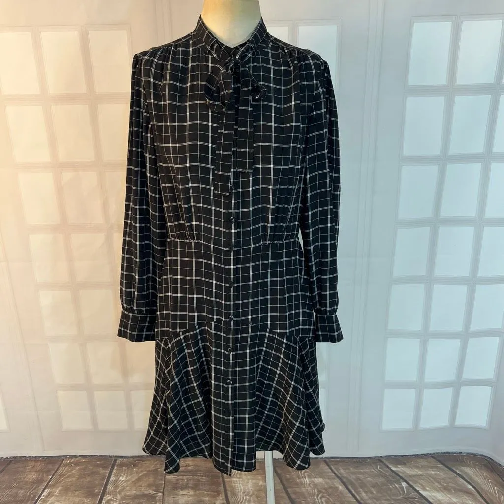 Rebecca Taylor Black Plaid Bow Tie Neck Long Sleeve Mini Silk Dress Size 8 - Image 2