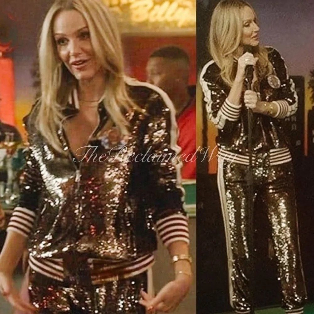 Palm Angels Sequin Track Jacket Zip Up Striped Oversized Coat Chocolate Brown - Image 3