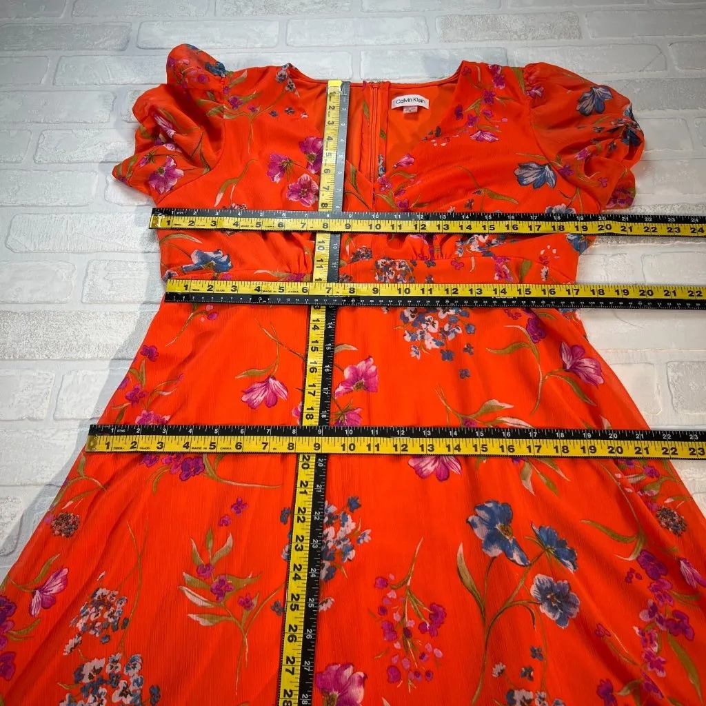 CALVIN KLEIN Dress Womens 14 Orange Floral‎ Chiffon Empire Waist A-Line V-Neck - Image 2
