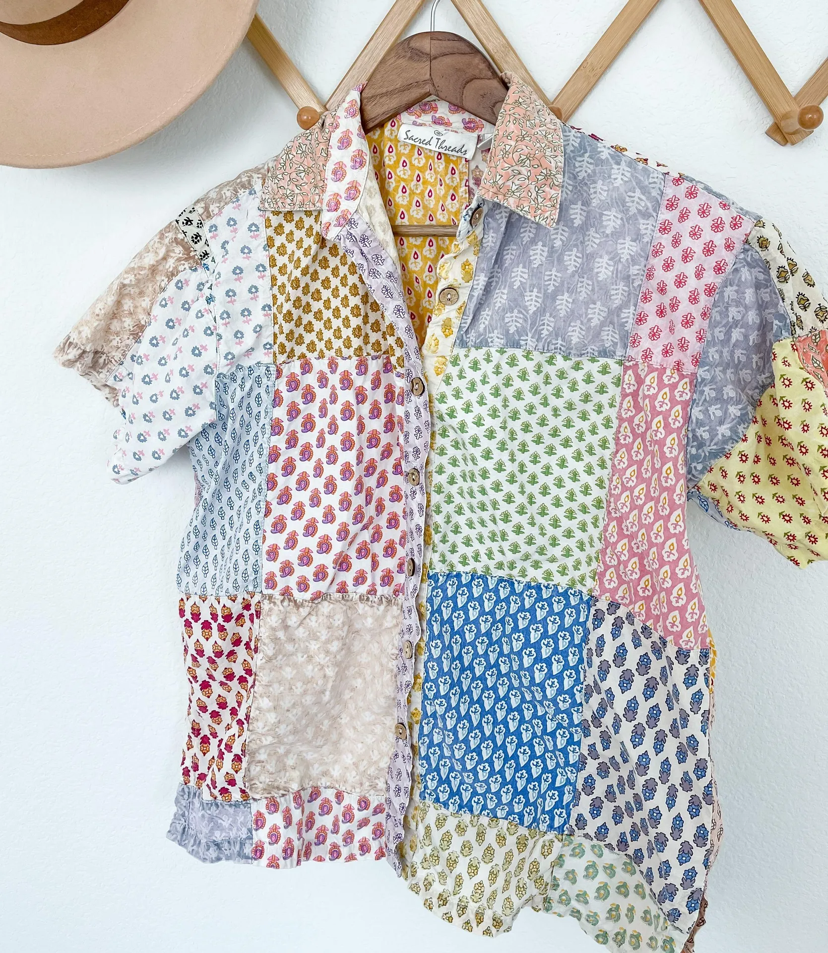 Sacred Threads Patchwork Short Sleeve Button Down Top - Image 3