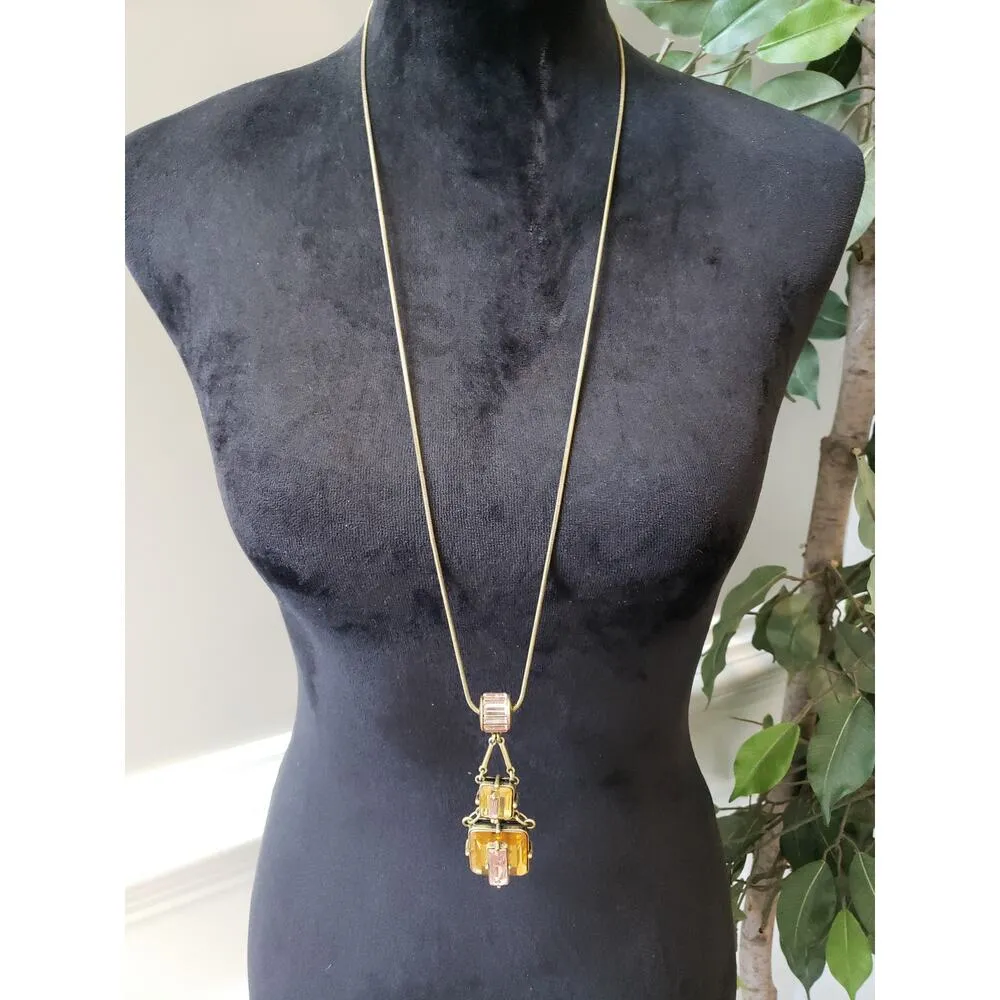 Women Lane Bryant Signed Yellow Pink Glass Drop Necklace Art Deco Style - Image 4