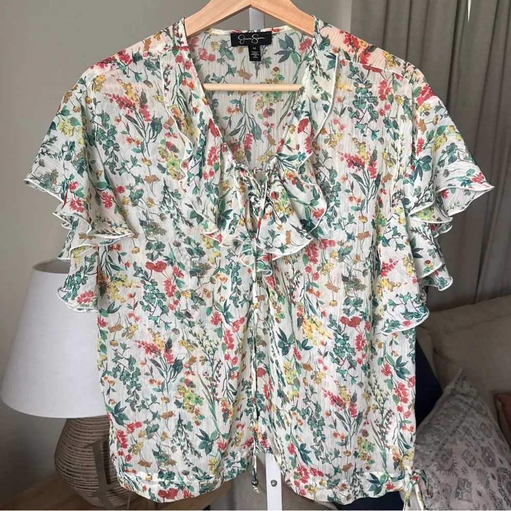Jessica Simpson Floral Top Semi Sheer Ties at Neck and Hem Flutter Sleeve Size M - Image 3