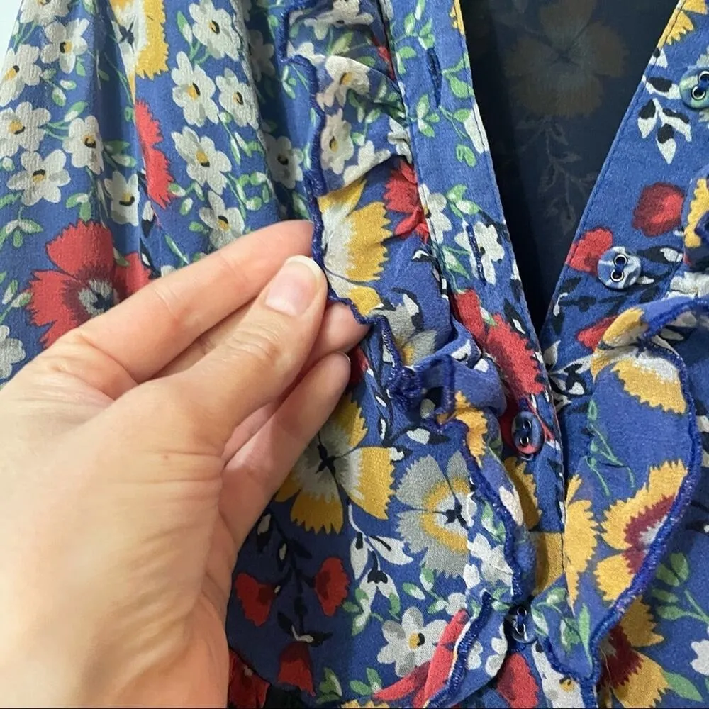 Hinge Blue Silk Floral Sleeveless Ruffled Dress Womens S Cottage Core Fairy - Image 5