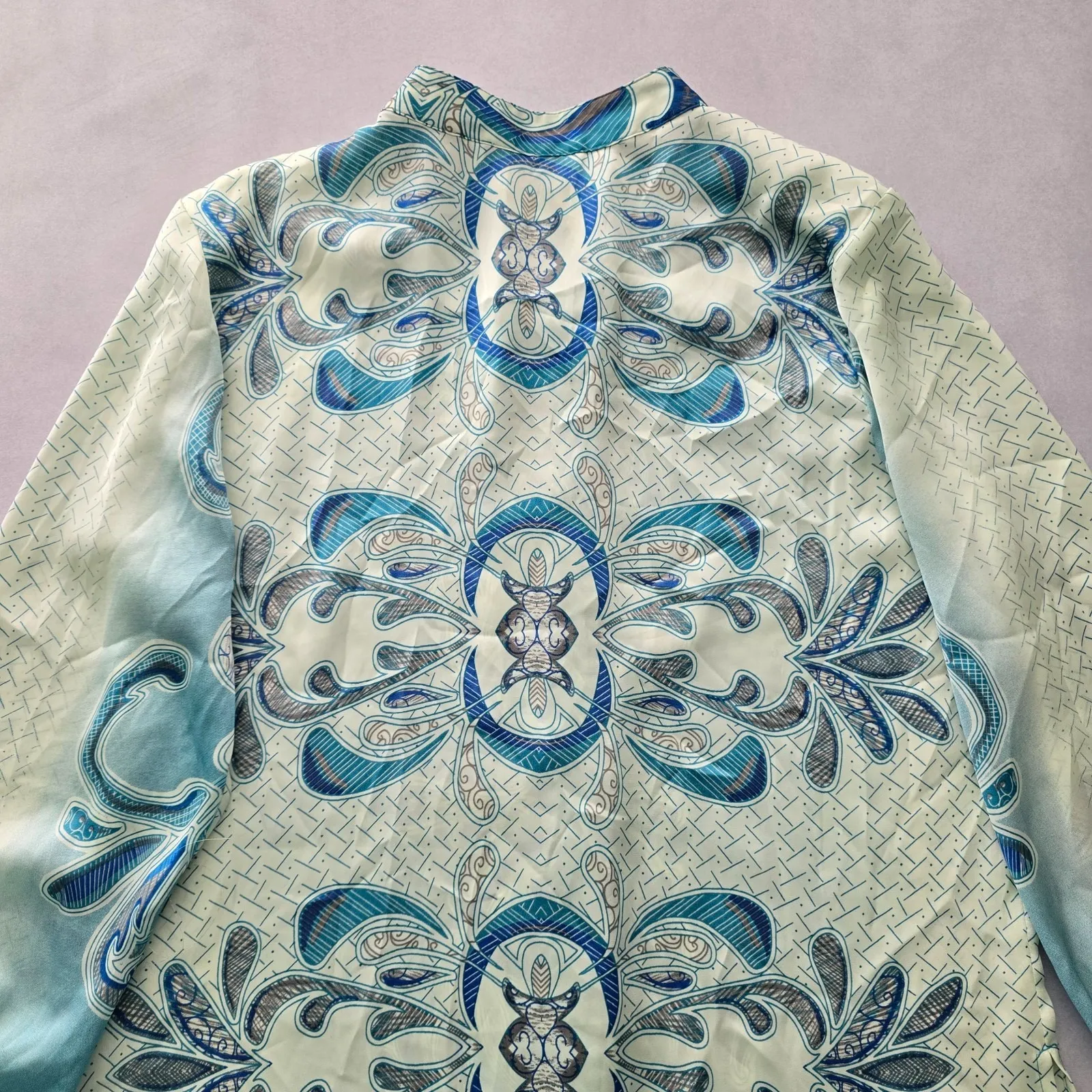 Floral Blue Whimsy Tunic Feminine Botanical Silky Cottage Garden Blouse Top 8 - Image 6