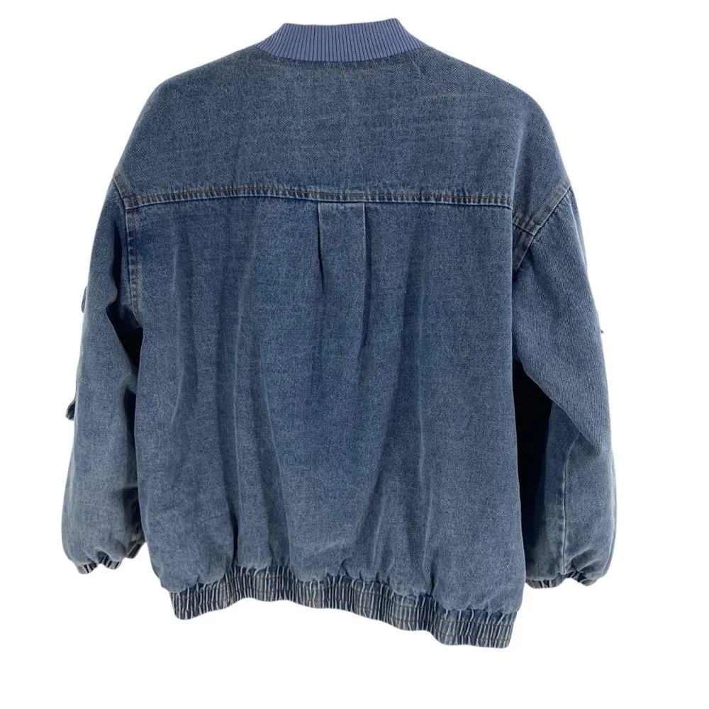 Blue Blush Women’s M Oversized Denim Bomber Jacket Blue‎ Insulated Chore Barn - Image 7