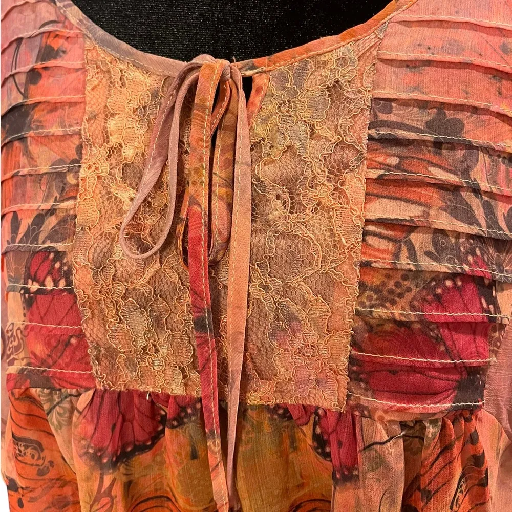 Madison Eclectic Hippie Retro Artsy Butterfly Fairy Garden Pleated Lace Blouse Size L - Image 4