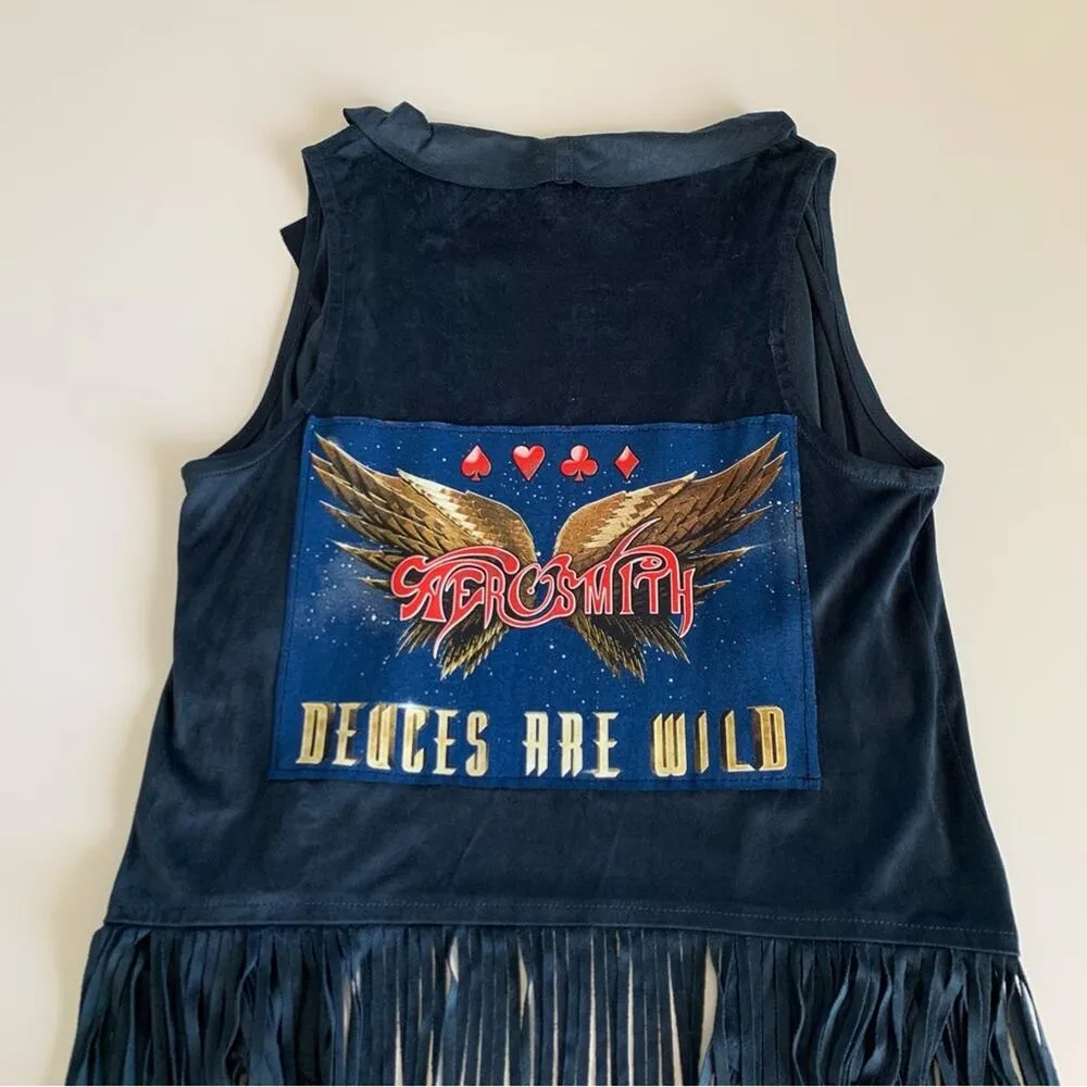 Via Penny Lane Reworked Apparel | Aerosmith Vegas Tour Navy Suede Fringe Vest XS Blue - Image 7