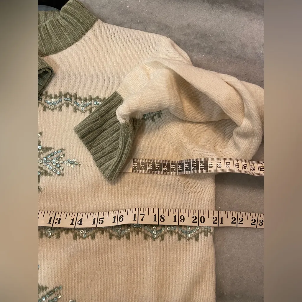 VTG JENNY Size L Snowflake Sweater Beaded Sequin Knit Winter Holiday Green Cream Size L - Image 9