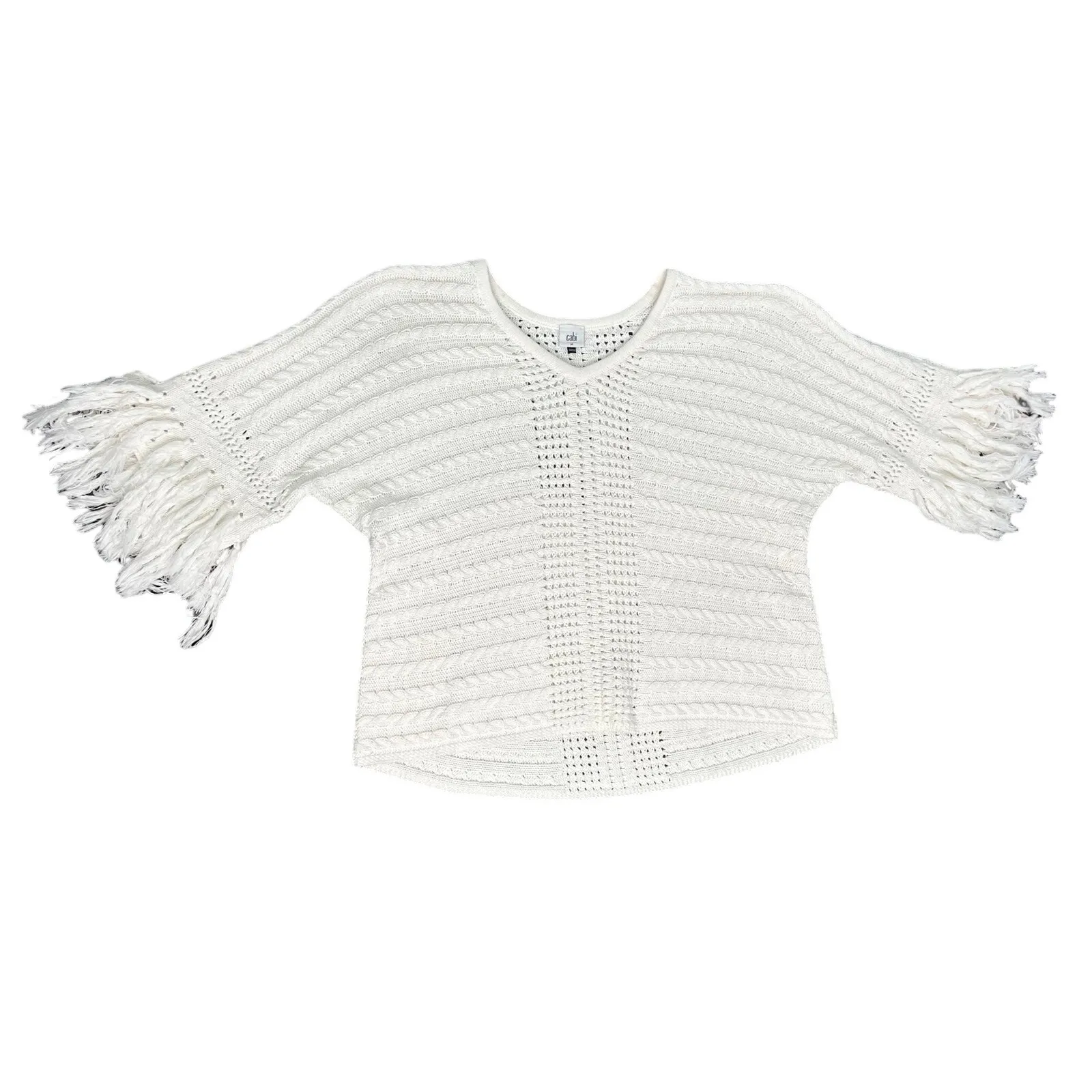 CAbi Cream Ivory Fringe Fiesta Poncho Open Knit Half Sleeve Sweater Top size M - Image 7