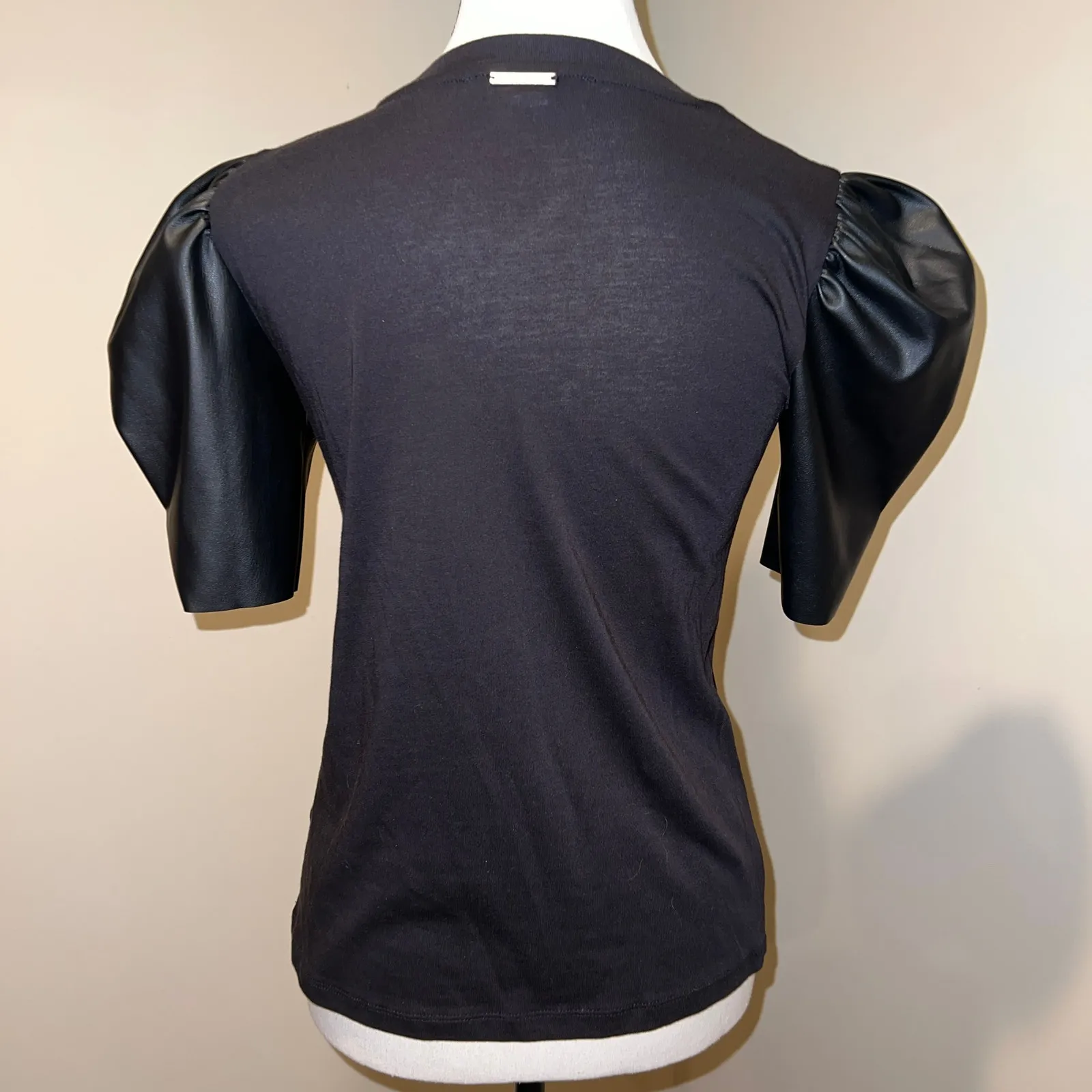 Michael Kors Faux Leather Puff Short Sleeved Black T-Shirt Size XS - Image 4